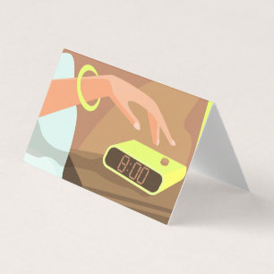 Girls hand pushing on alarm clock snooze button business card