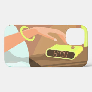 Girls hand pushing on alarm clock snooze button iPhone 12 case