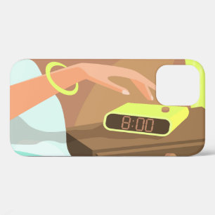 Girls hand pushing on alarm clock snooze button iPhone 12 case