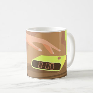 Girls hand pushing on alarm clock snooze button coffee mug