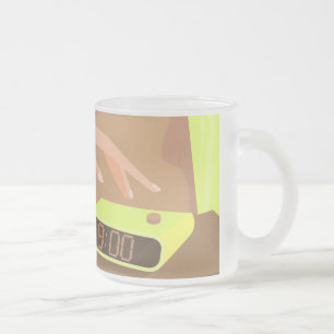 Girls hand pushing on alarm clock snooze button frosted glass coffee mug