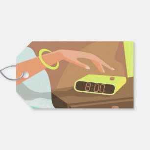 Girls hand pushing on alarm clock snooze button gift tags
