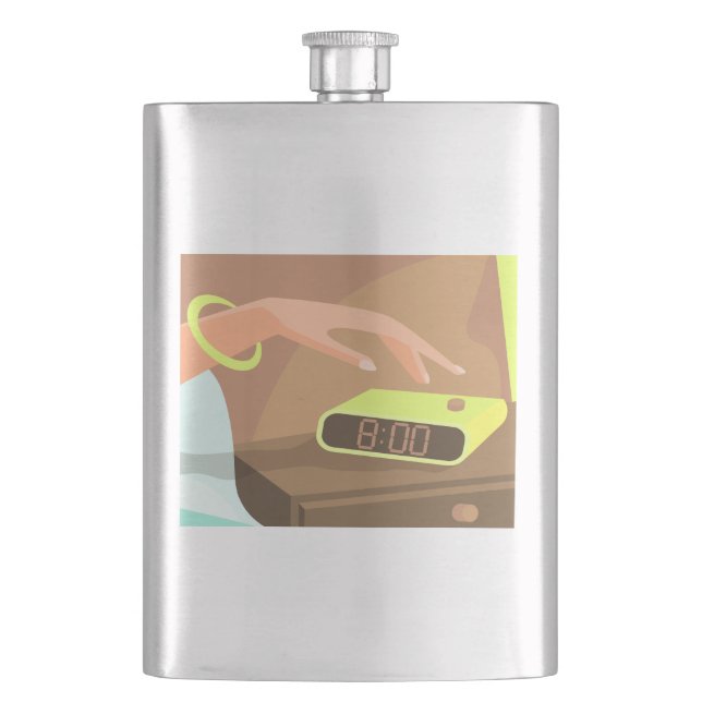 Girls hand pushing on alarm clock snooze button hip flask (Front)