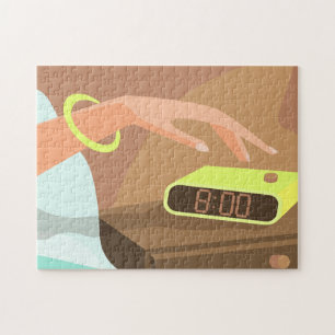 Girls hand pushing on alarm clock snooze button jigsaw puzzle