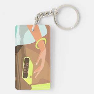 Girls hand pushing on alarm clock snooze button key ring