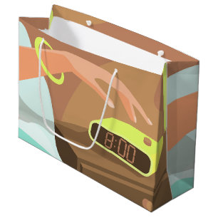 Girls hand pushing on alarm clock snooze button large gift bag