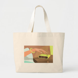 Girls hand pushing on alarm clock snooze button large tote bag