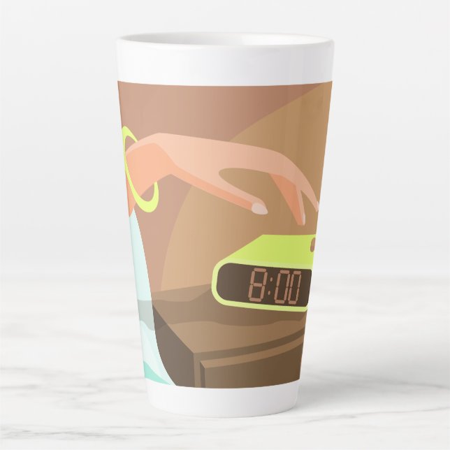 Girls hand pushing on alarm clock snooze button latte mug (Front)