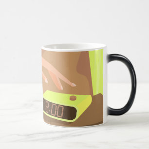 Girls hand pushing on alarm clock snooze button magic mug