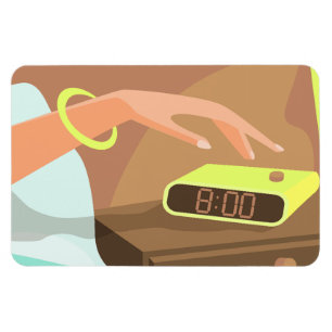 Girls hand pushing on alarm clock snooze button magnet