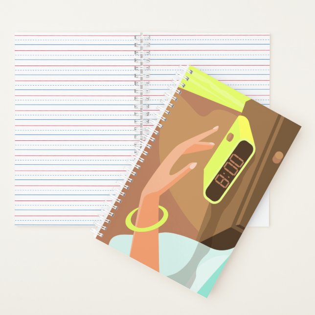 Girls hand pushing on alarm clock snooze button notebook (Inside)