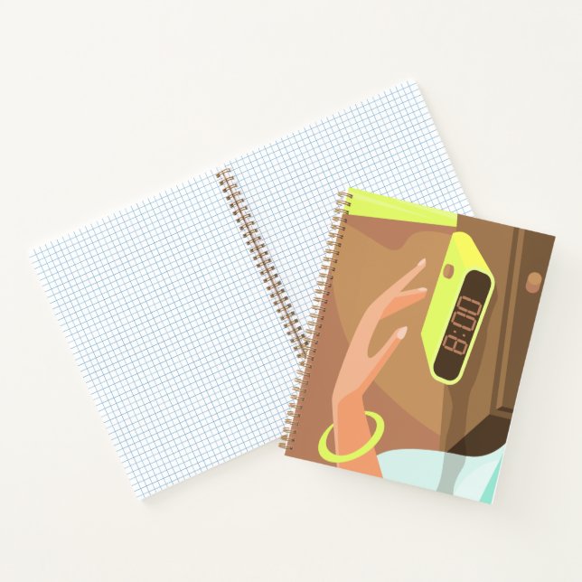 Girls hand pushing on alarm clock snooze button notebook (Inside)