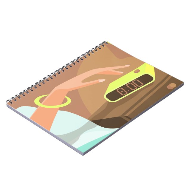 Girls hand pushing on alarm clock snooze button notebook (Left Side)