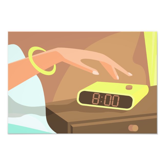 Girls hand pushing on alarm clock snooze button photo print (Front)