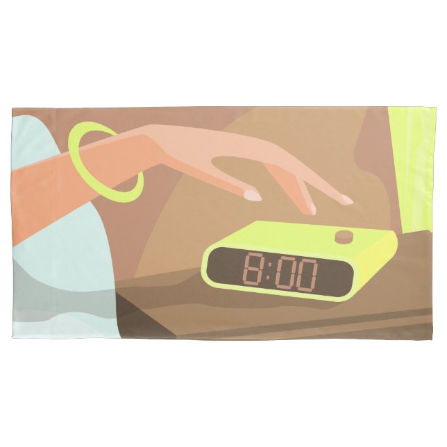 Girls hand pushing on alarm clock snooze button pillowcase (Front)