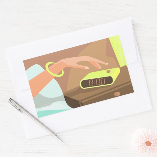 Girls hand pushing on alarm clock snooze button rectangular sticker (Envelope)