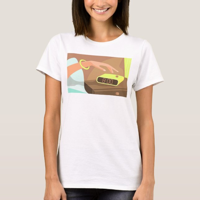Girls hand pushing on alarm clock snooze button T-Shirt (Front)