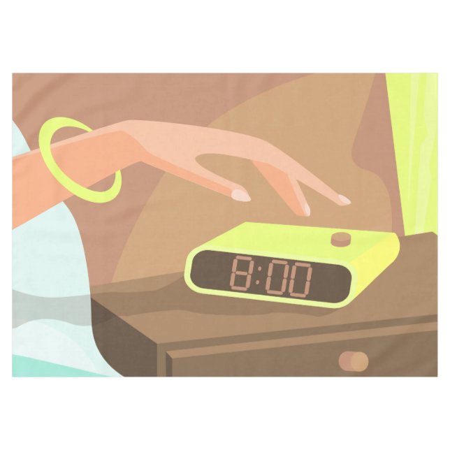 Girls hand pushing on alarm clock snooze button tablecloth (Front (Horizontal))