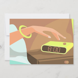 Girls hand pushing on alarm clock snooze button thank you card