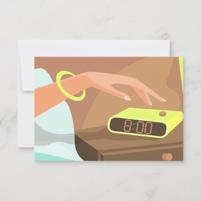 Girls hand pushing on alarm clock snooze button thank you card (Front)