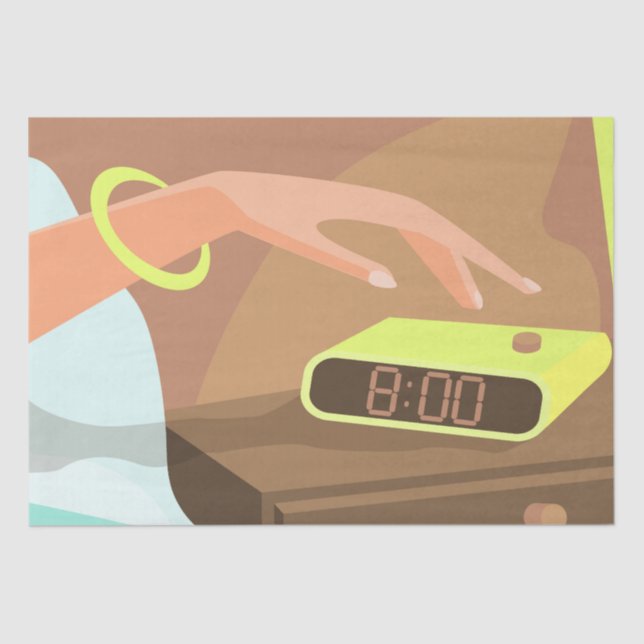 Girls hand pushing on alarm clock snooze button tissue paper (Front)