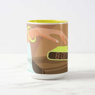 Girls hand pushing on alarm clock snooze button Two-Tone coffee mug