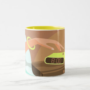 Girls hand pushing on alarm clock snooze button Two-Tone coffee mug