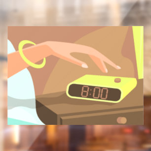 Girls hand pushing on alarm clock snooze button window cling