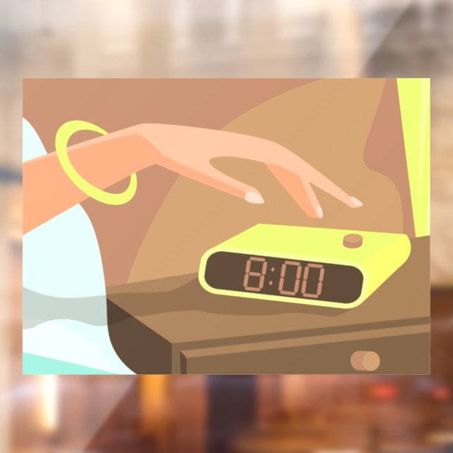 Girls hand pushing on alarm clock snooze button window cling (Sheet 2)