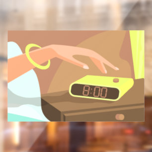 Girls hand pushing on alarm clock snooze button window cling
