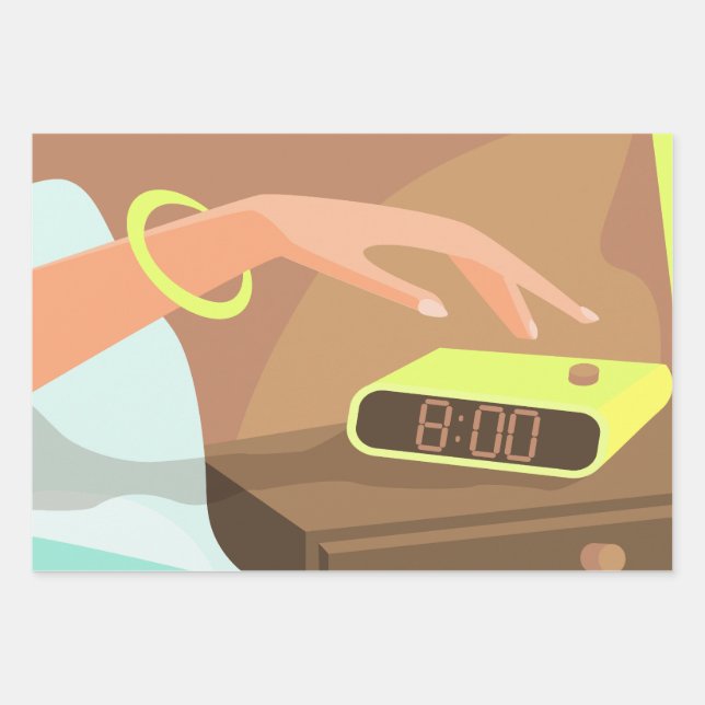 Girls hand pushing on alarm clock snooze button wrapping paper sheet (Front)