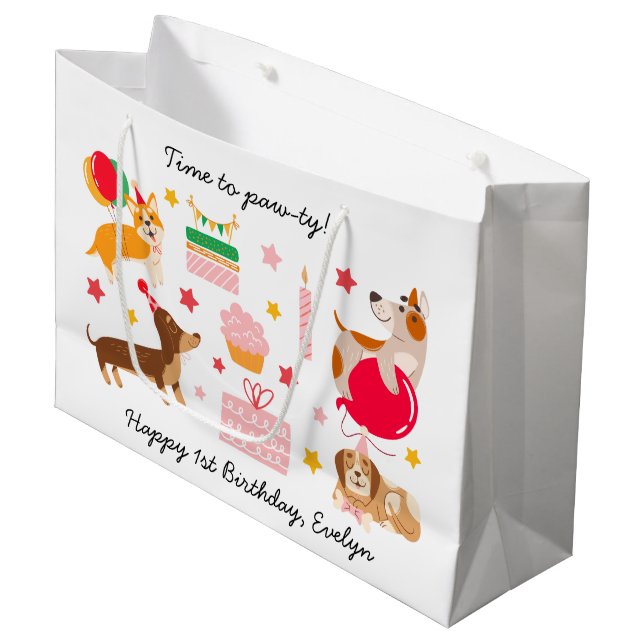 Girl's Happy 1st Birthday 'Let's Pawty'  Large Gift Bag (Front Angled)