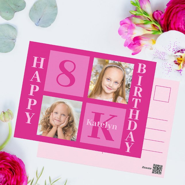 Girls Happy Birthday 2 Photo Hot Pink Custom Postcard (Creator Uploaded)