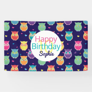 Girls Happy Birthday Blue Owl Pattern Personalised Banner