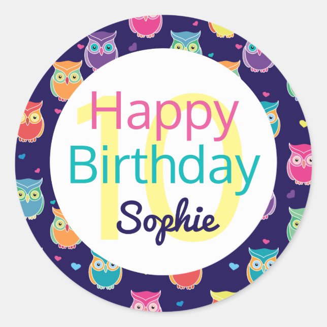 Girls Happy Birthday Blue Owl Pattern Personalised Classic Round Sticker (Front)