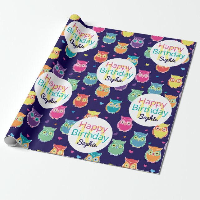 Girls Happy Birthday Blue Owl Pattern Personalised Wrapping Paper (Unrolled)