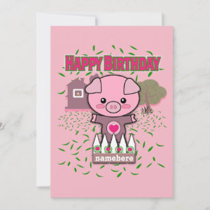 Girls Happy Birthday Cute Pig Personalise Name Holiday Card