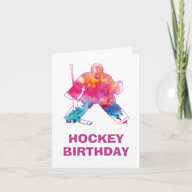 Girls Happy Birthday Hockey Goalie Pink Watercolor Card (Front)