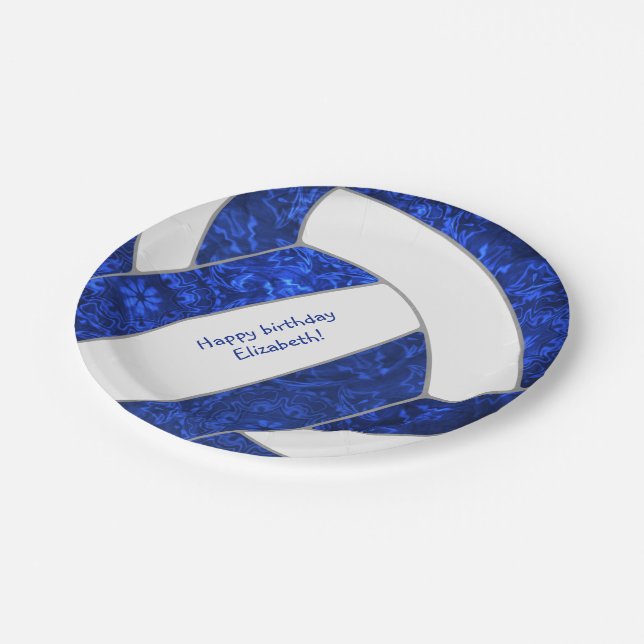 girl's happy birthday party blue white volleyball paper plate (Angled)