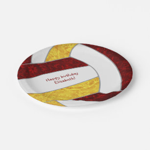 girl's happy birthday party maroon gold volleyball paper plate