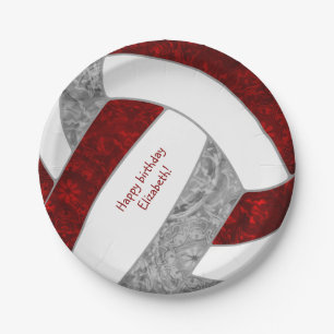 girl's happy birthday party maroon grey volleyball paper plate