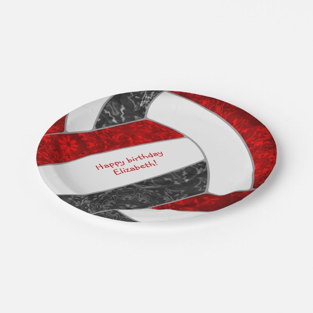 girl's happy birthday party red black volleyball paper plate (Angled)