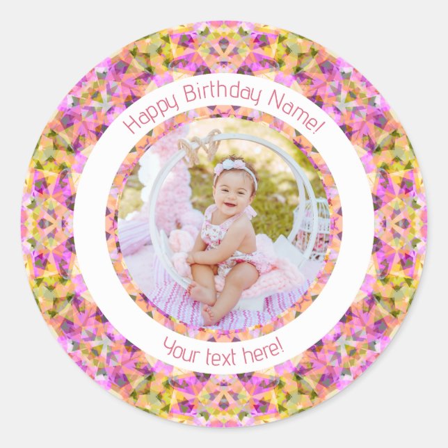 Girls Happy Birthday Summer Pink Star Custom Age Classic Round Sticker (Front)