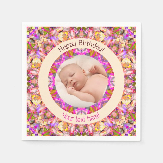 Girls Happy Birthday Summer Pink Star Custom Age Napkin (Front)