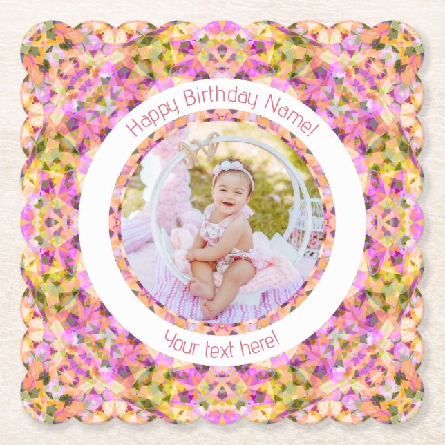 Girls Happy Birthday Summer Pink Star Custom Age Paper Coaster (Front)