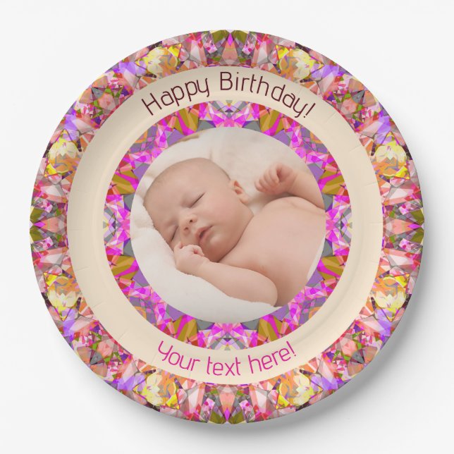 Girls Happy Birthday Summer Pink Star Custom Age Paper Plate (Front)