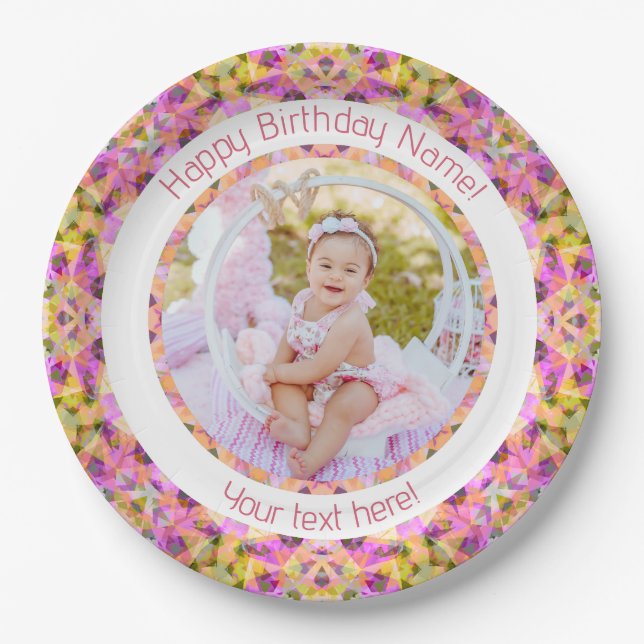 Girls Happy Birthday Summer Pink Star Custom Age Paper Plate (Front)