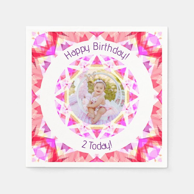 Girls Happy Birthday Vibrant Pink Star Custom Age Napkin (Front)