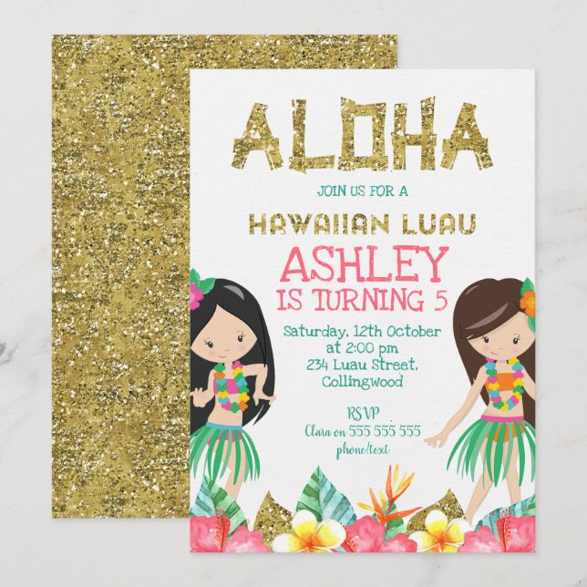Girls Hawaiian Luau Birthday Invitation (Front/Back)