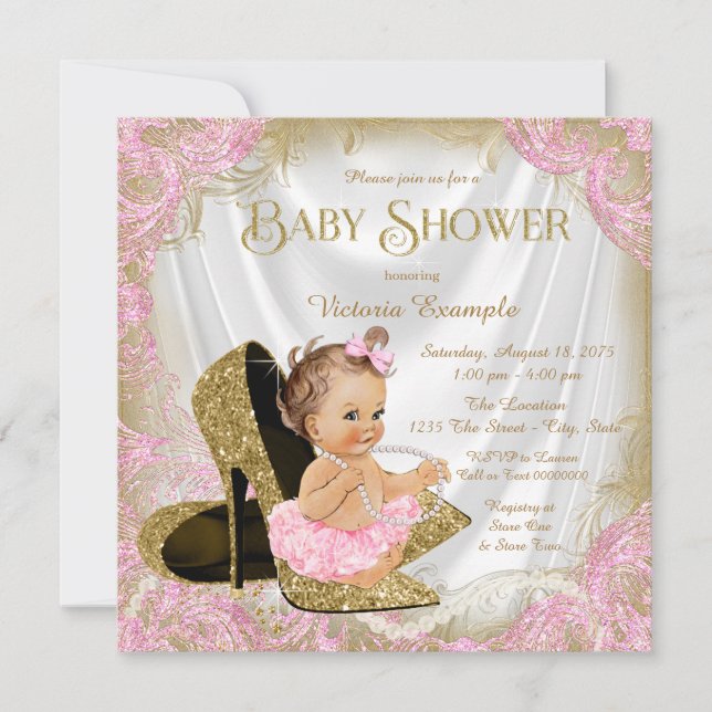 Girls High Heel Shoe Pearl Baby Shower Invitation (Front)